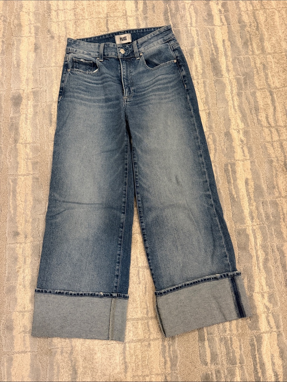 PAIGE Sasha Ankle Cropped Wide Leg Cuffed Jeans in Medium Blue Wash